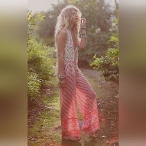 Free people strapless halter jumpsuit bohemian red cream